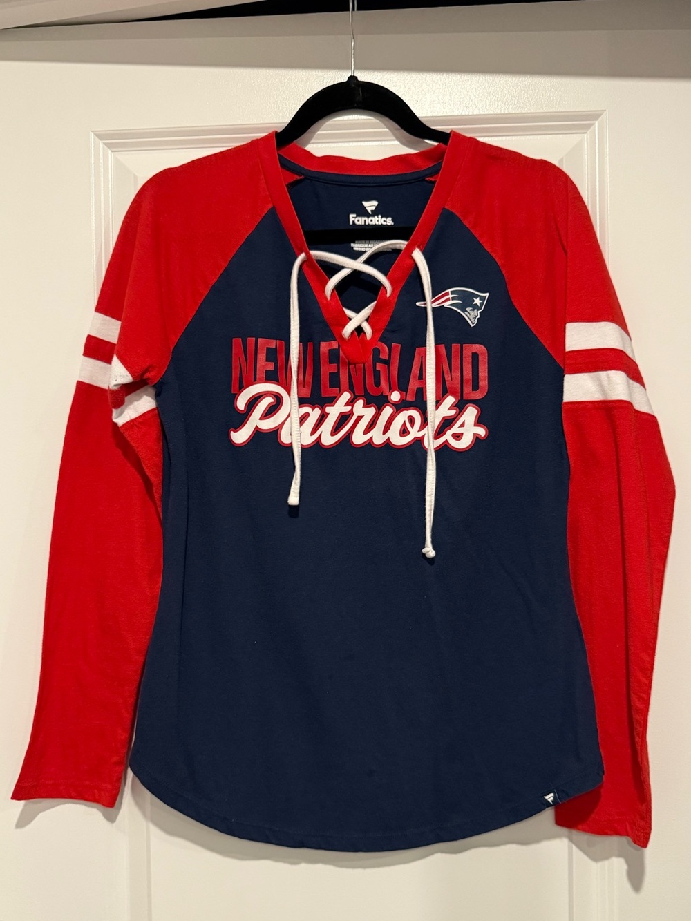 Fanatics Patriots Football Navy and Red Lace-Up Women's Long Sleeve